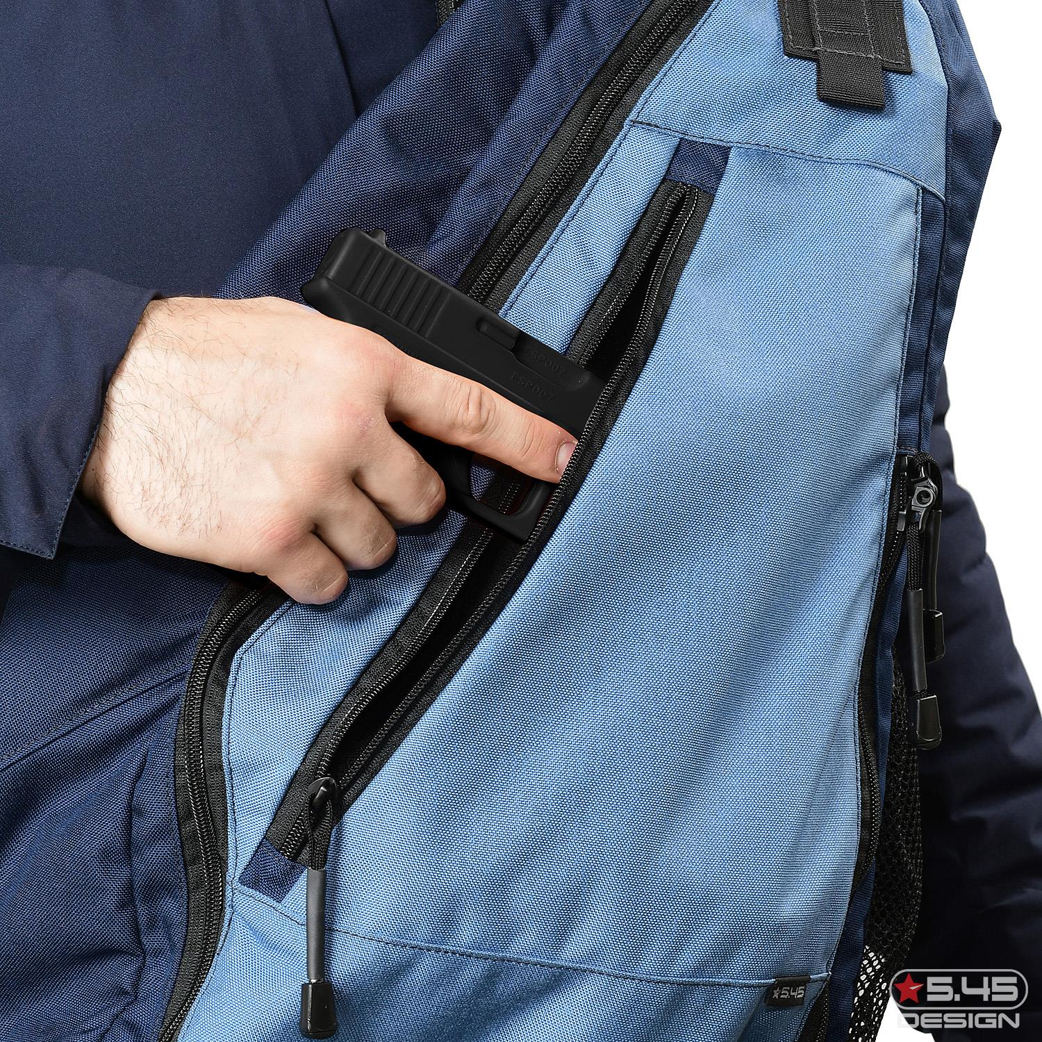 На внешней части изделия вшит карман на молнии, который можно использовать для скрытого ношения дополнительного оружия.